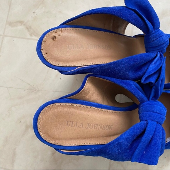 $550 Ulla Johnson Lucia Blue Suede Bow Pointed Toe Block Heels Mules size 9.5 - Picture 11 of 13